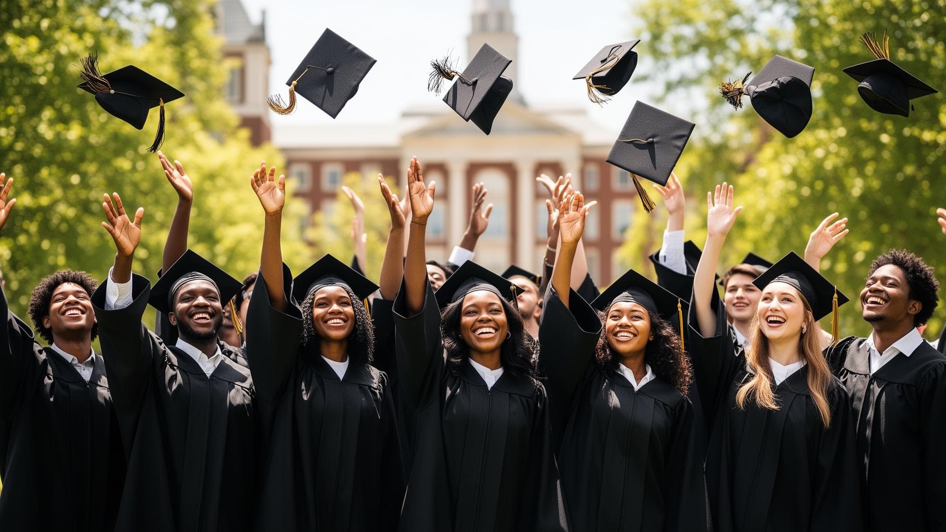 Diverse group of graduates in caps and gowns throwing their mortarboards in celebration